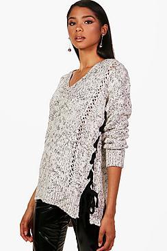Boohoo Meghan Marl Knit Lace Up Detail Jumper