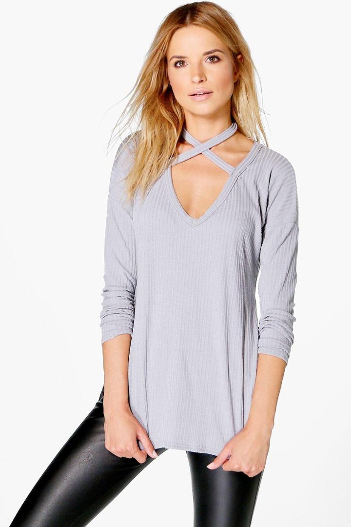 Boohoo Jessica Soft Rib Oversized Strappy Neck Top Grey