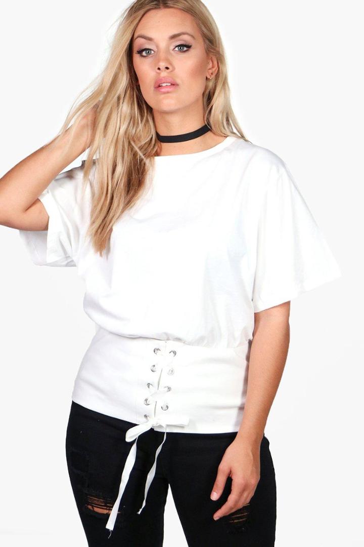 Boohoo Plus Emilie Lace Up Belted Bodice Tee Ivory