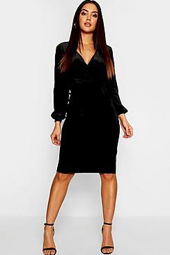 Boohoo Velvet Long Sleeve Bodycon Midi Dress