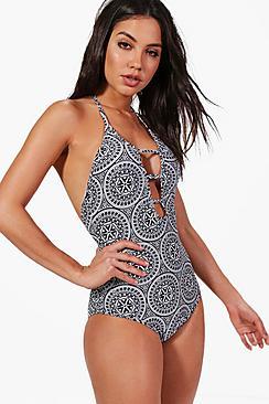 Boohoo Algarve Tile Print Strappy Front Swimsuit