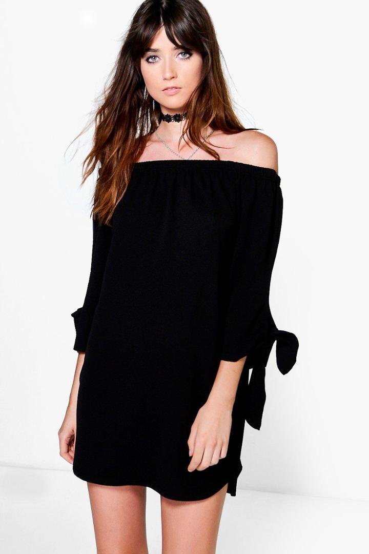 Boohoo Beth Off The Shoulder Tie Sleeve Shift Dress Black