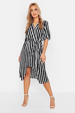 Boohoo Plus Satin Stripe Wrap Tie Waist Midi Dress