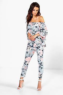 Boohoo Nina Floral Off The Shoulder Top + Skinny Trouser Co-ord