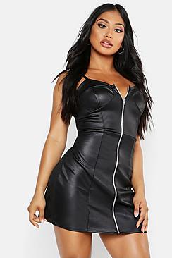 Boohoo Pu Cupped O Ring Zip Strappy Mini Dress