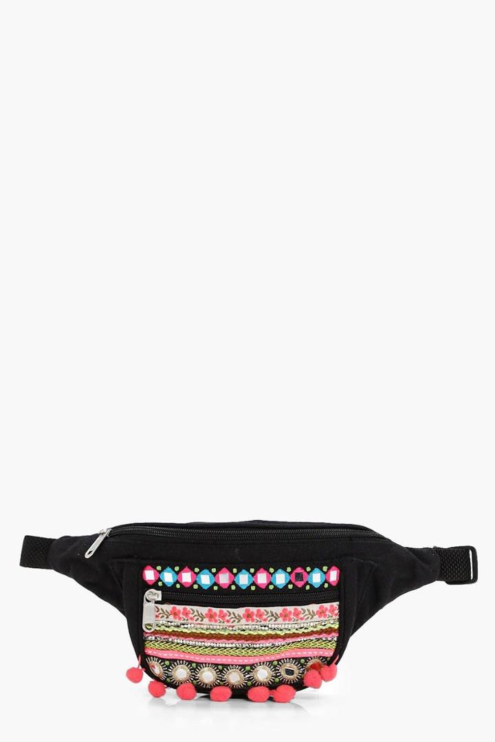 Boohoo Jessica Mirrored Pom Pom Bum Bag Black