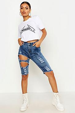 Boohoo High Rise Distressed Denim Short