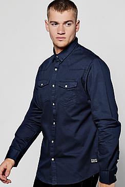 Boohoo Navy Long Sleeve Western Style Shirt