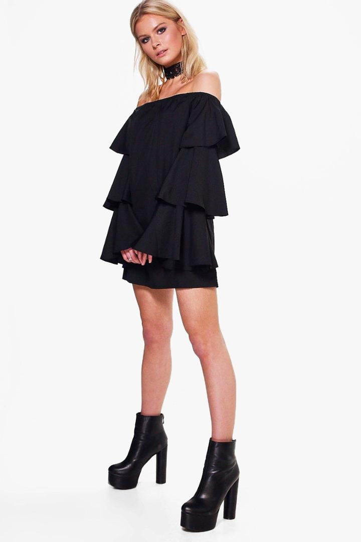 Boohoo Vi Off Shoulder Ruffle Shift Dress Black