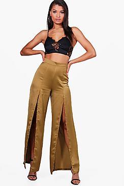 Boohoo Thalia Front Split Wide Leg Luxe Crepe Trousers