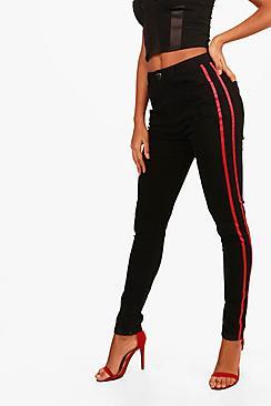 Boohoo Rhea High Waisted Sports Stripe Skinny Jeans
