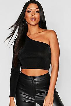 Boohoo Slinky One Shoulder Long Sleeve Crop