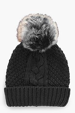 Boohoo Maya Cable Knitted Faux Fur Beanie