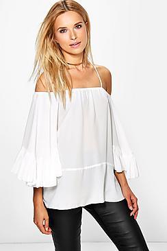 Boohoo Emma Cold Shoulder Ruffle Sleeve Top