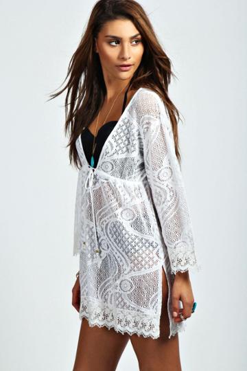Boohoo Hawaii Crochet Beach Kaftan - White