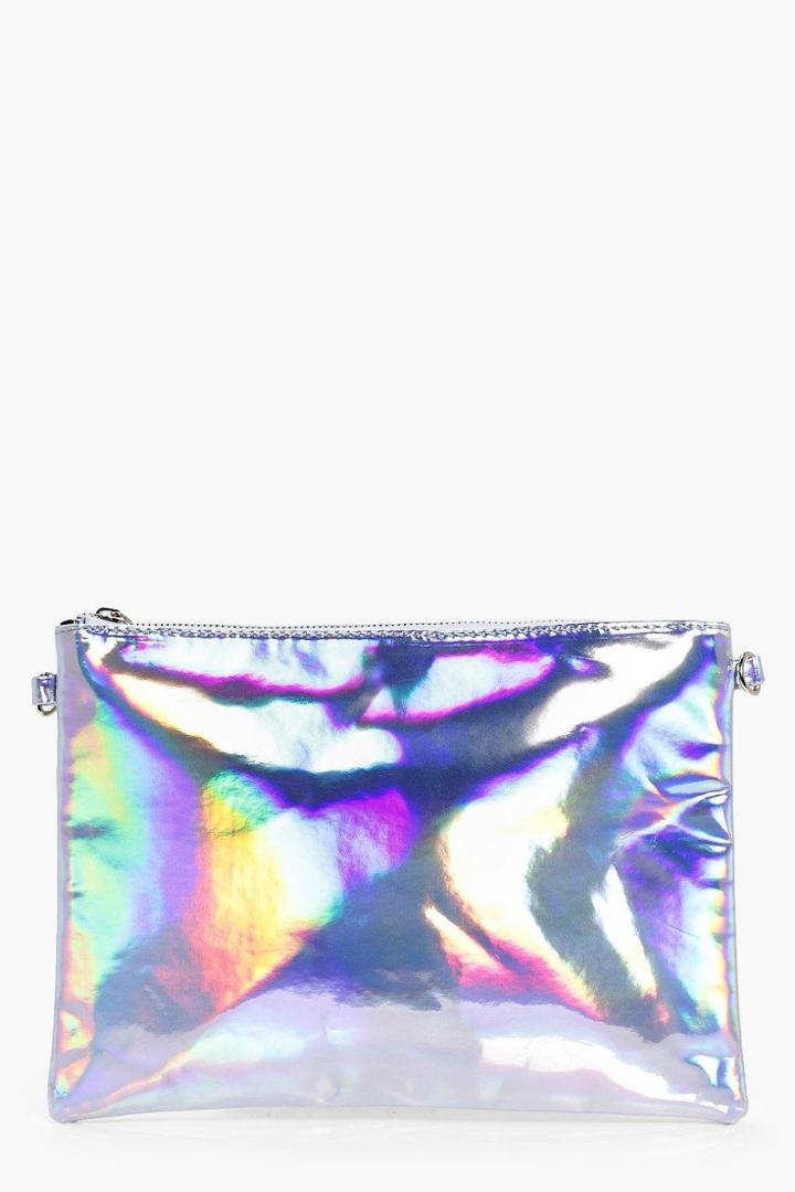 Boohoo Molly Holographic Zip Top Clutch Bag Silver