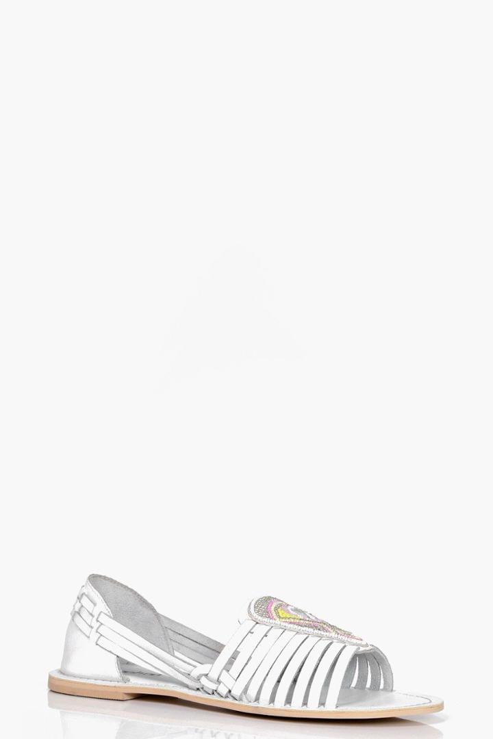 Boohoo Darcy Embellished Peeptoe Woven Leather Flat White
