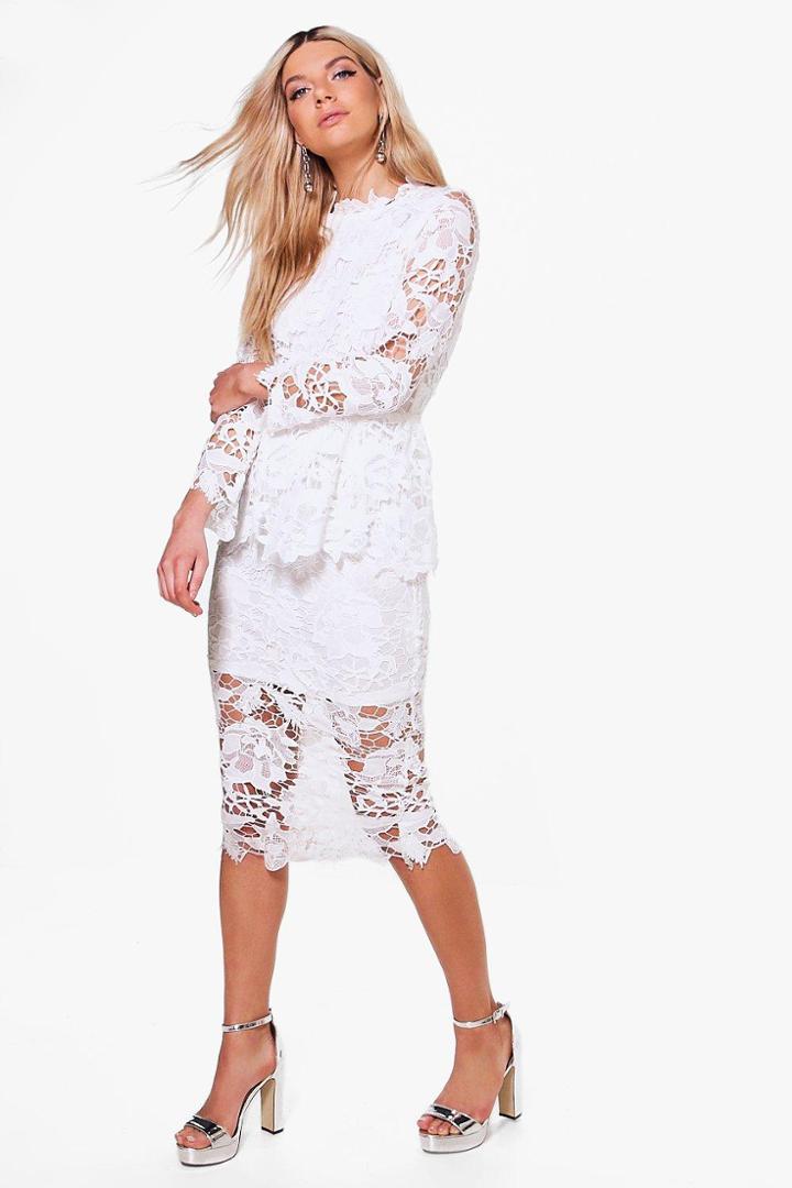Boohoo Boutique Kia Corded Lace Peplum Midi Dress Ivory