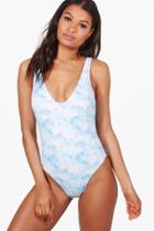 Boohoo Corfu Cloud Print Scoop Bathing Suit Blue