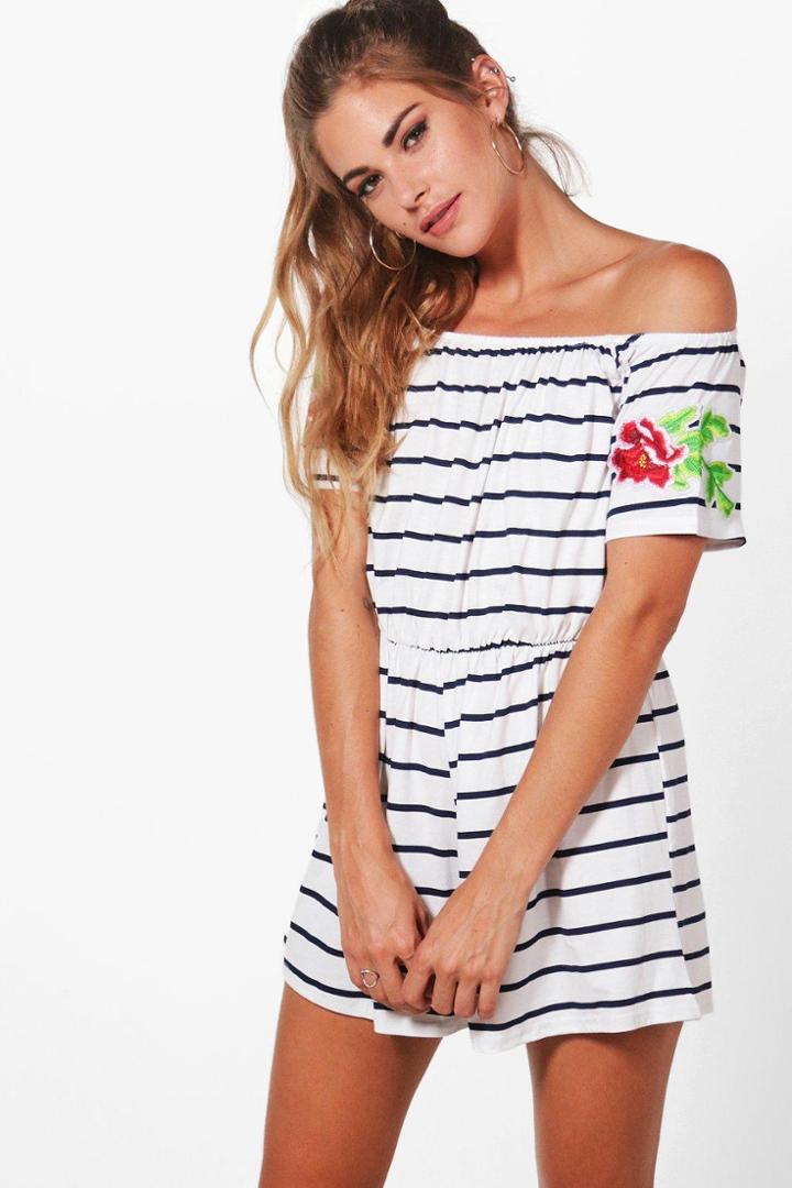 Boohoo Leona Off Shoulder Embroidered Stripe Playsuit White