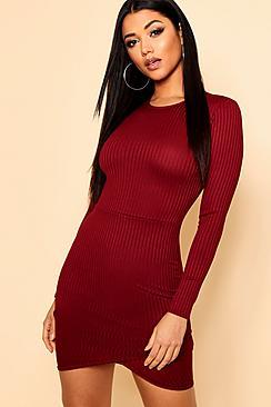 Boohoo Jumbo Rib Curve Hem Bodycon Dress