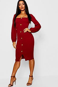 Boohoo Square Neck Button Detail Midi Dress