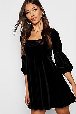 Boohoo Velvet Double Puff Sleeve Skater Dress