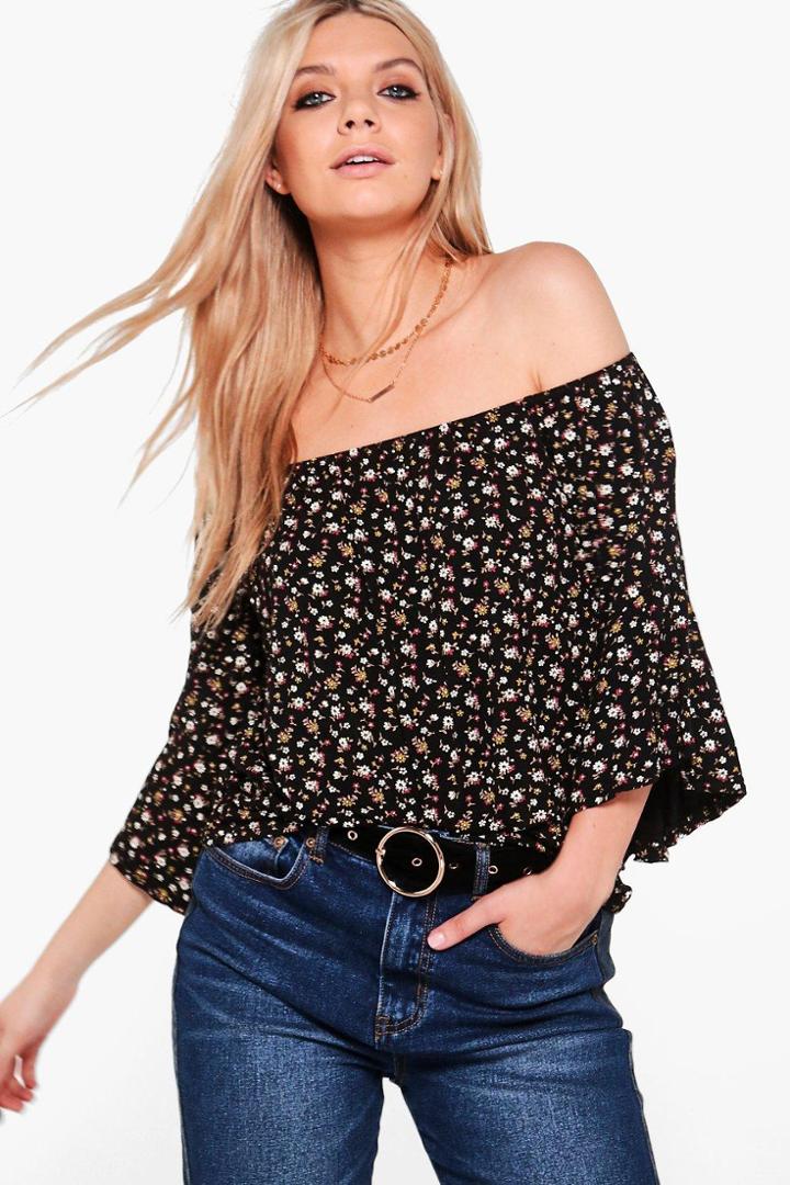 Boohoo Freya Dark Floral Off The Shoulder Top Black