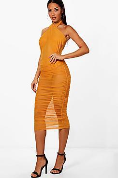 Boohoo Cross Neck Mesh Ruched Midi Dress