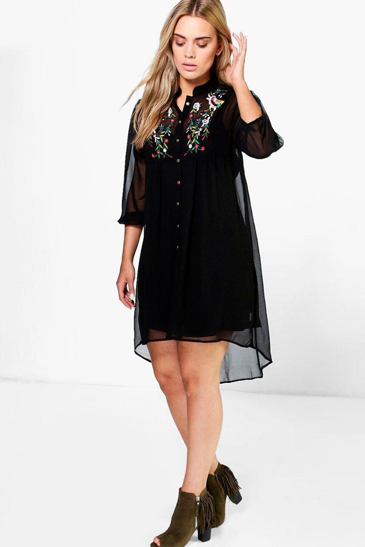 Boohoo Plus Mindy Embroidered Shirt Dress Black