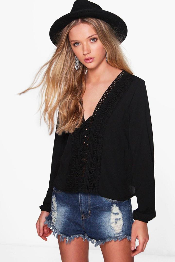 Boohoo Casey Crochet Lace Ribbon Blouse Black