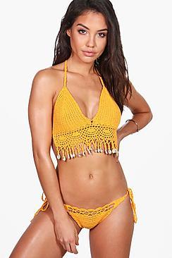 Boohoo Rhodes Boutique Crochet Shell Trim Crop Bikini