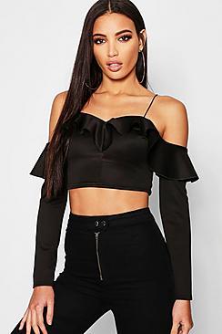 Boohoo Scuba Off The Shoulder Sleeve Peplum Top