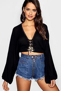 Boohoo Tall Lexi Balloon Sleeve Lace Up Crop