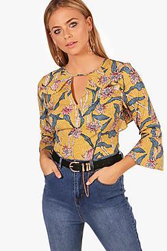Boohoo Sara Ruffle Cage Back Woven Top