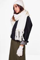 Boohoo Eve Chunky Knit Beanie Scarf & Glove Set Cream