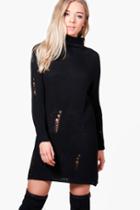 Boohoo Sarah Distressed High Neck Jumper Dress Black