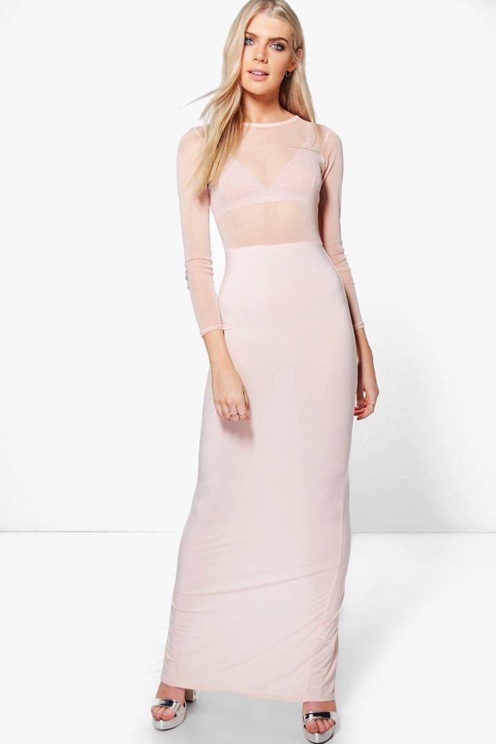 Boohoo Eve Sheer Mesh Detail Slinky Maxi Dress Nude