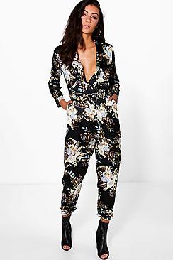 Boohoo Tall Macel Printed Wrap Top Jumpsuit