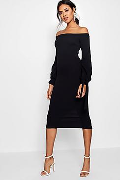 Boohoo Off The Shoulder Blouson Tie Sleeve Dress