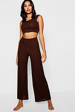 Boohoo Lettuce Hem Ribbed Wide Leg Lounge Set