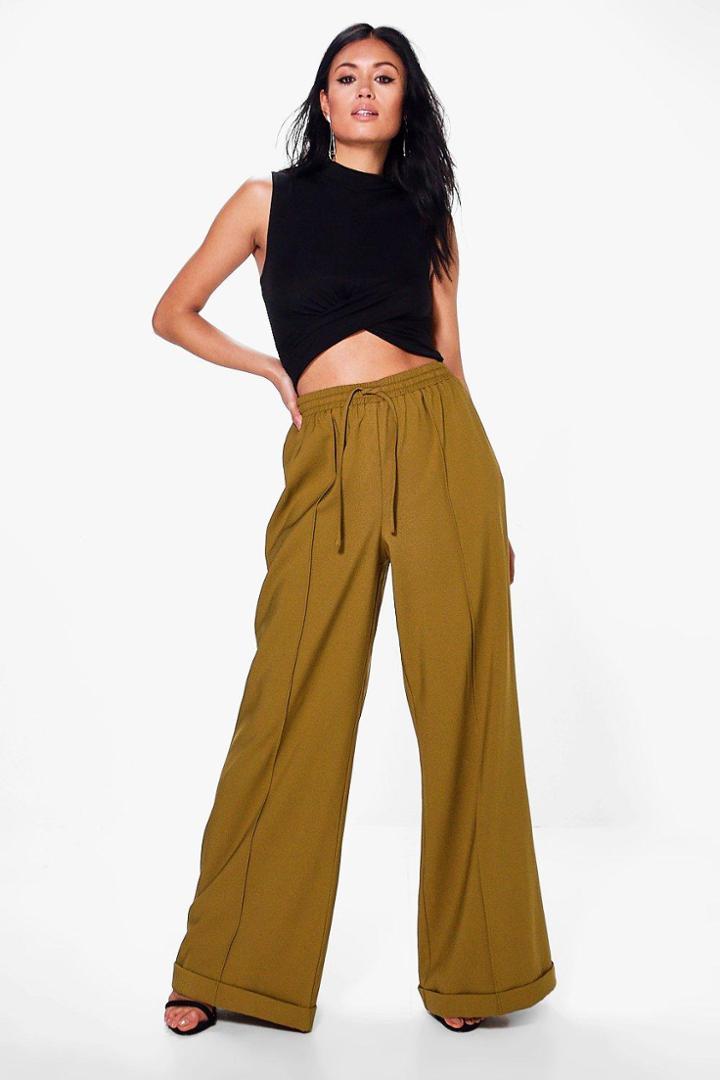 Boohoo Aurelia Wide Leg Turn Up Tailored Trousers Khaki