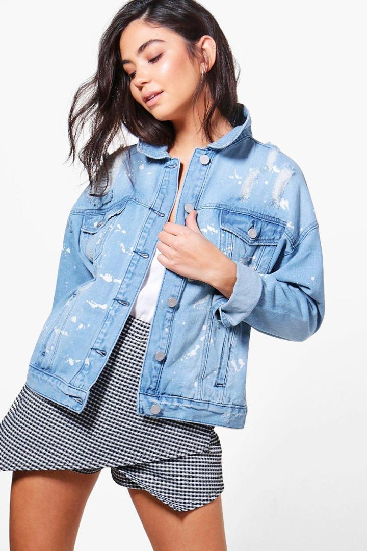 Boohoo Lisa Paint Splatter Distressed Jean Jacket Blue
