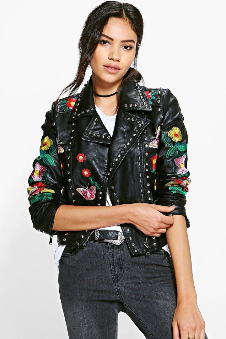 Boohoo Bethany Boutique Embroidered Biker Jacket Black