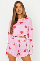 Boohoo Petite Heart Print Frill Hem Pj Short Set