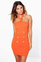 Boohoo Brielle Strappy Button Detail Bodycon Dress Orange