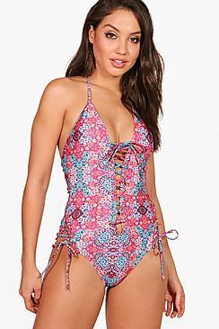 Boohoo Kos Paisley Lace Up Boho Swimsuit