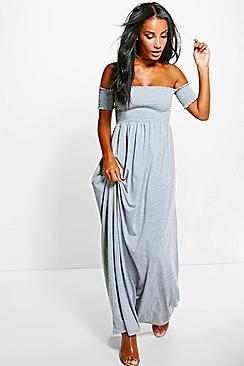 Boohoo Sally Shirred Bardot Maxi Dress