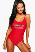 Boohoo Oia Lifeguard Off Duty Slogan Scoop Swimsuit