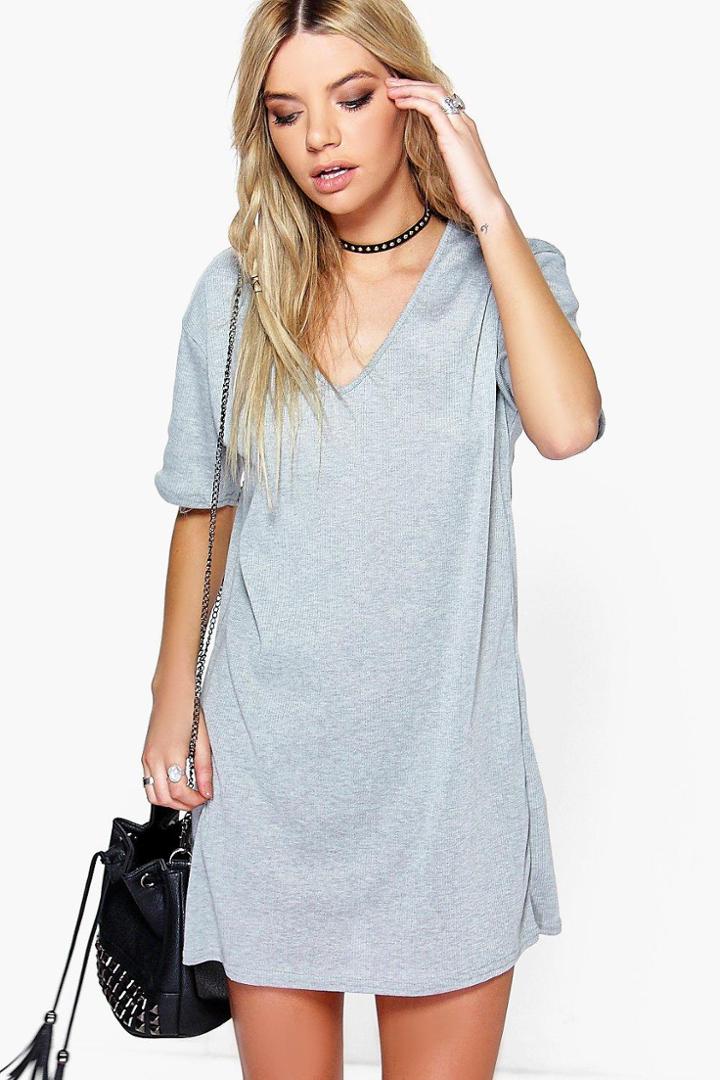 Boohoo Janie Mini V Neck Ribbed Dress Grey
